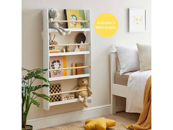 Kids Wall Bookcase White Wooden Wall Mounted Book Shelf Grey Bookshelf Etsy Canada