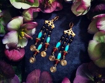 ERESHKIGAL Earrings ~ black onyx, carnelian, turquoise ~ Babylonian earrings ~ Mesopotamian earrings ~ Sumer earrings - ishtar earrings