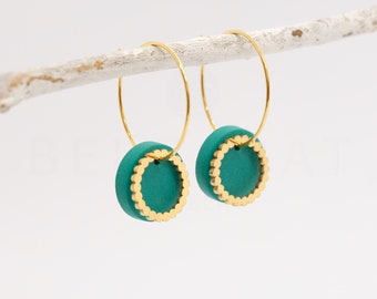 Hoop earrings with two round pendants, emerald green and gold, polymer clay earrings, COCO model