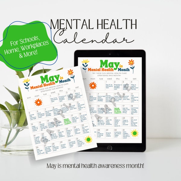 Mental Health Awareness Month Self Care Calendar May 2024 | Mental Health Digital Download | For School, Workplace, HR, Home, Family