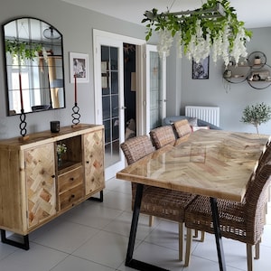 Handcrafted Herringbone Dining Table. Made From Reclaimed Rustic Wood To Create The Vintage Farmhouse feel