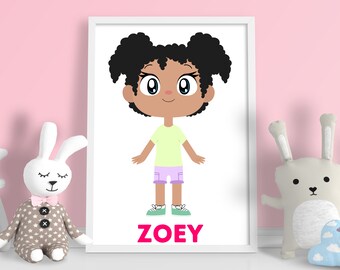 Kids Personalized Art Print | Black Girl Art  | 8 x 10  African American Kids Art |  11 x 14 African American Art | Black Girls Room Decor