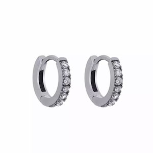 Mini Huggie Hoop Earrings in Sterling Silver Gunmetal with Crystal 925 PAIR • Simple Huggie Hoop • Friend Gifts • Christmas Gifts •