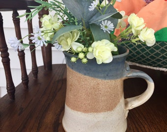 Vintage 80’s Blue/Brown Swirl Mug/Decor Handle/Swirl Clay Pot/Floral Wild Daisy/Yellow Floral/Faux Greenery/ Farmhouse Collector Vintage Mug