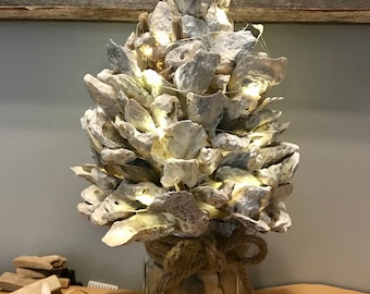 Nature Nautical Oyster Lighted Tree, Shell Table Mantle Oyster Tree, Beach Ocean Condo Home Tree Decor, Oyster Vase Driftwood Starfish Decor