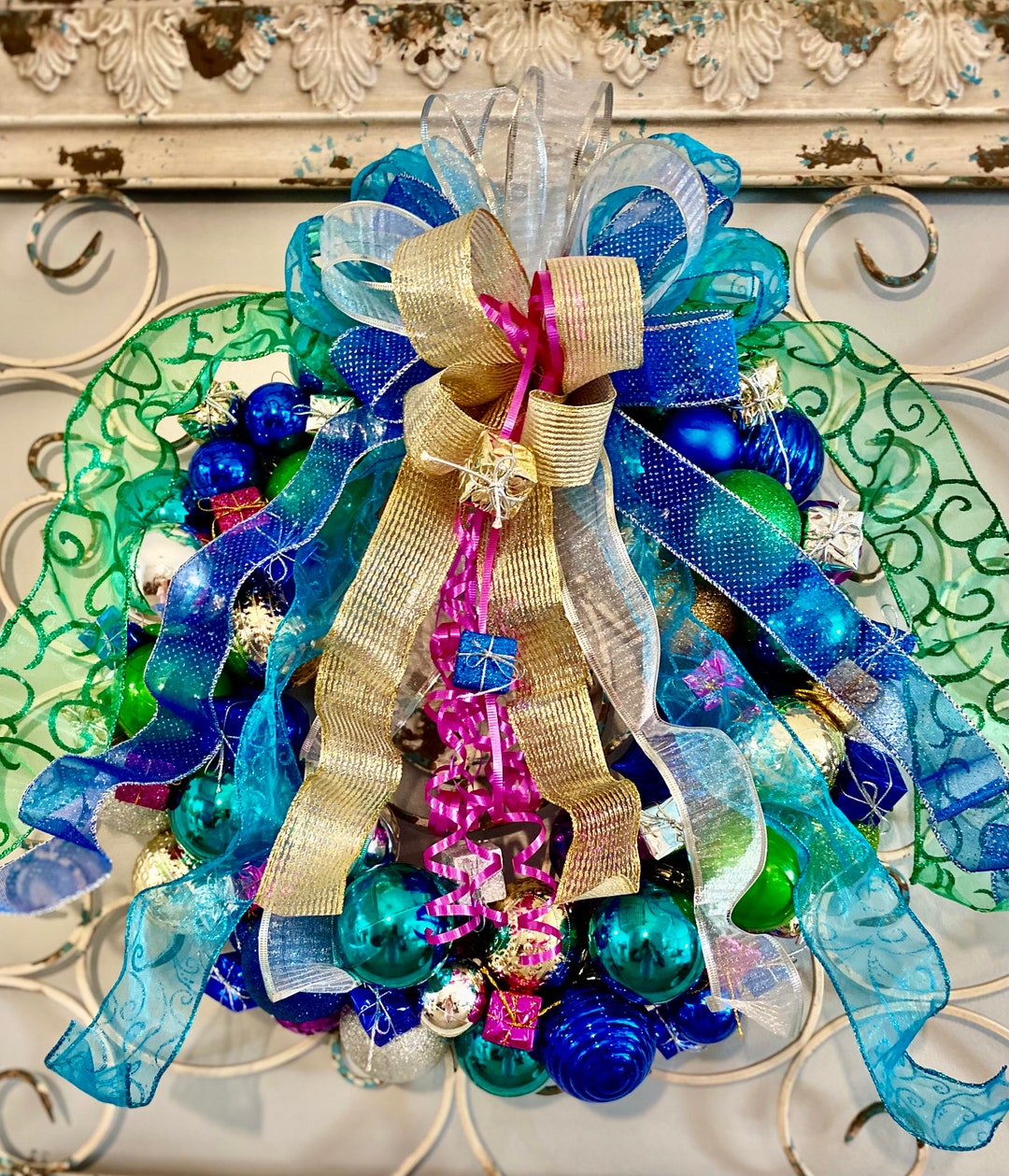 Christmas Bright Colorful Ornament Door Wreath, Vibrant Ornament Swag