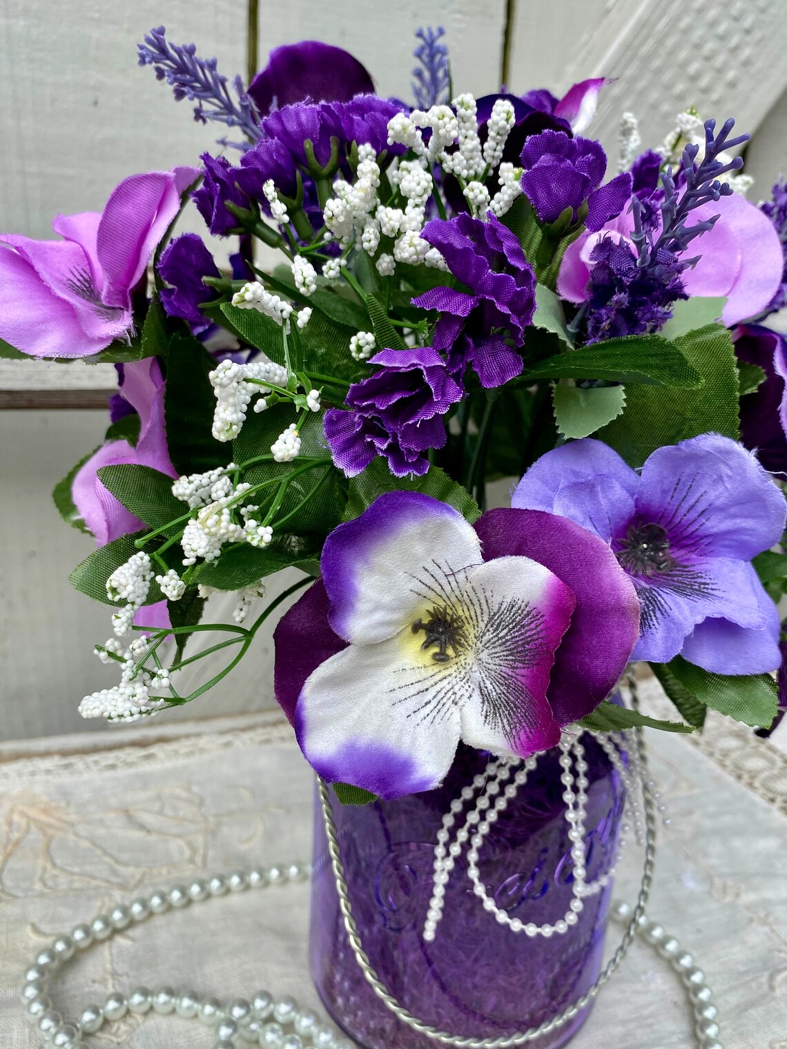 Purple Glass Mason Jar Flower Arrangement Purple Lavender Etsy