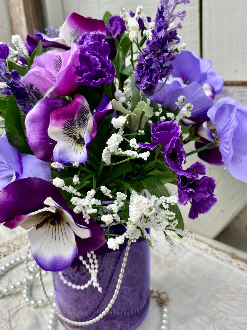 Purple Glass Mason Jar Flower Arrangement Purple Lavender Etsy