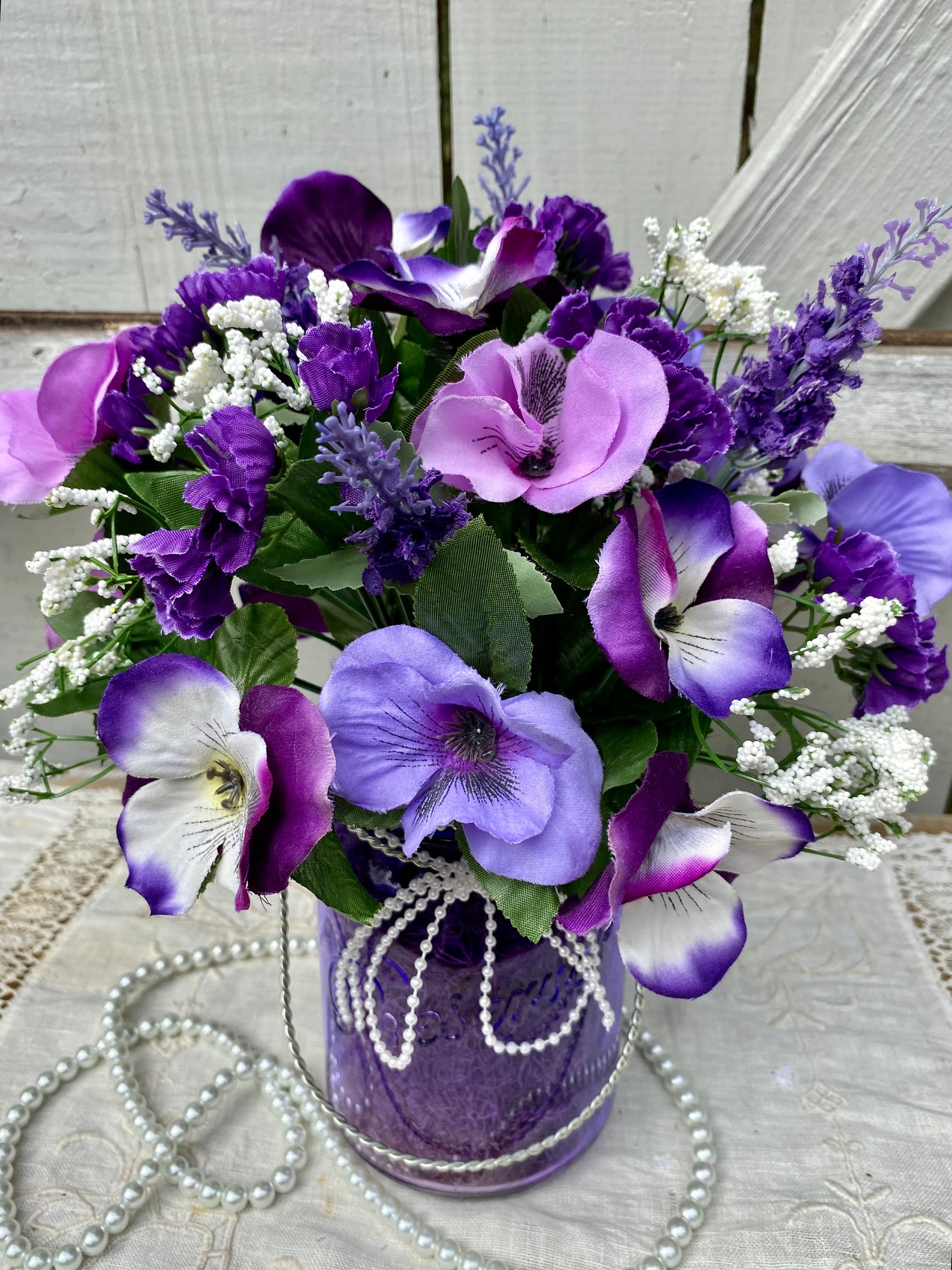 Purple Glass Mason Jar Flower Arrangement Purple Lavender Etsy