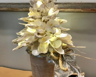 Nature Coastal Nautical Beach Oyster Starfish Driftwood Table Tree, Oyster Shell Starfish lights Decor, Oyster Shell vase arrangement shelf