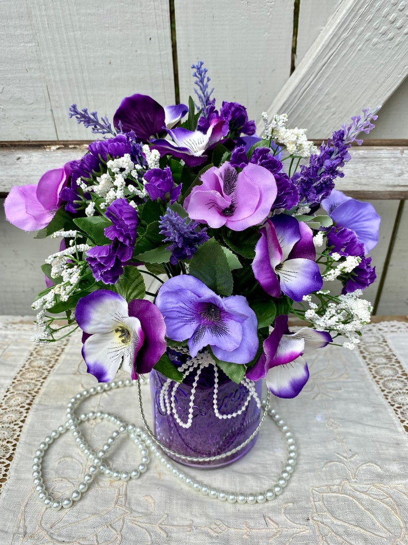 Purple Glass Mason Jar Flower Arrangement Purple Lavender Etsy