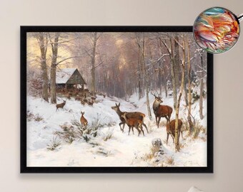 Julius Arthur, Thiele  Red Deer in Winter Painting, Deer / Stag | Museum Quality 3D Oil Canvas Print of Famous Artist Painting