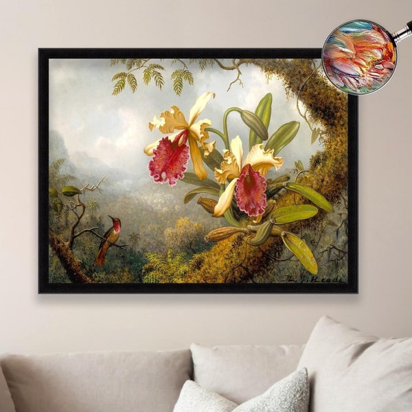 Martin Johnson Heade - Orchidées et colibri | Impression 3D sur toile, qualité musée, représentant un artiste célèbre
