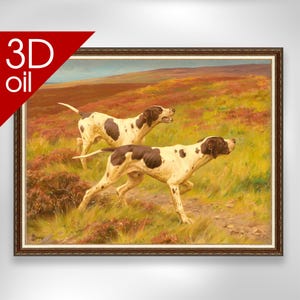 May include: A painting depicting two white and brown pointer dogs running through a field of long grass. The dogs are in full stride, with their tails wagging. The background is a hazy blur of green and brown, with a distant hill in the distance.