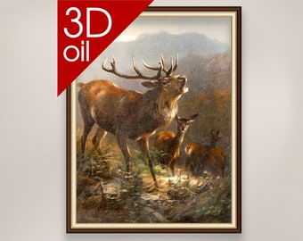 Anton Schmitz - Roaring deer | Museum Quality 3D Oil Canvas Print of Famous Artist Painting