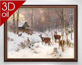 Julius Arthur, Thiele  Red Deer in Winter Painting, Deer / Stag | Museum Quality 3D Oil Canvas Print of Famous Artist Painting