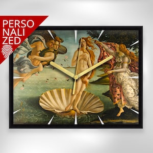 May include: Rectangular wall clock with a black frame, depicting Botticelli's "The Birth of Venus". The clock face features the famous painting, gold hands, and the word "PERSONALIZED" in a red banner.