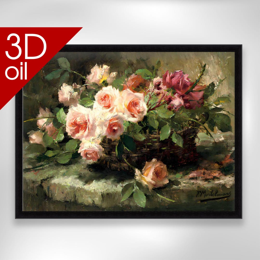 Frans Mortelmans - Pink Roses in a Basket | Museum Quality 3D Oil ...