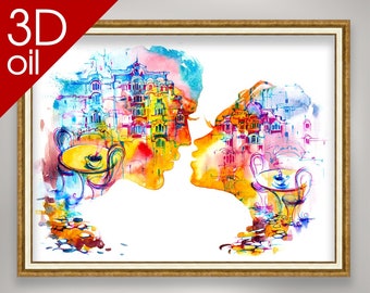Dream of a kiss , Modern art watercolor | Museum Quality 3D Oil Canvas Print of Famous Artist Painting