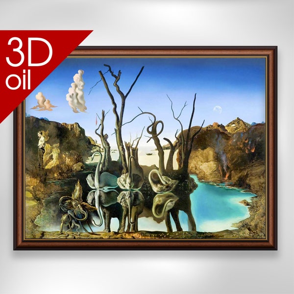 Schwäne spiegeln sich Elefanten - Salvador Dali | 3D Öl Leinwand Druck des berühmten Künstlers
