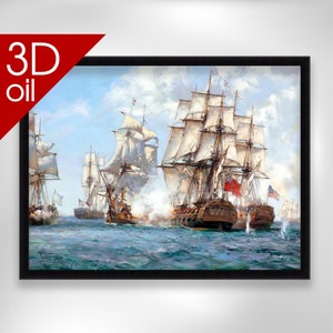 Montague Dawson Wall Art-Engagement between Mediator and three French and two American Ships | Museum Quality 3D Oil Print of Famous Artist