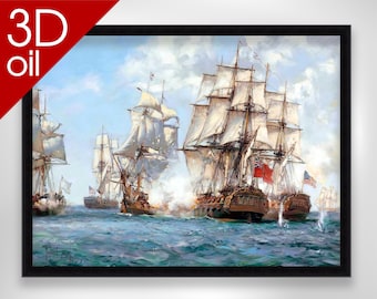May include: A 3D oil painting depicting a naval battle scene with multiple ships firing cannons at each other. The ships are sailing on a choppy sea with white sails billowing in the wind. The sky is a light blue with white clouds.