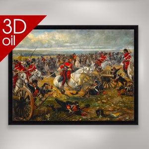 May include: A painting depicting a battle scene with soldiers on horseback and cannons. The painting is done in a realistic style with a focus on detail. The colors are muted and earthy, with a sense of movement and chaos.