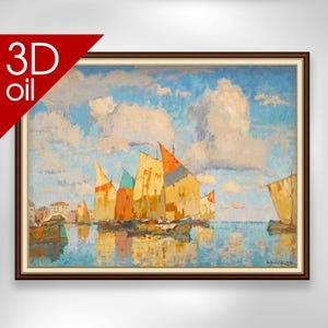Konstantin Gorbatov - Boats in a Harbour | Museum Quality 3D Oil Canvas Print of Famous Artist Painting