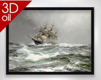 Montague Dawson - Le navire Devonshire en pleine tempête | Impression 3D sur toile, qualité musée, représentant un artiste célèbre
