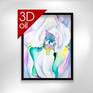 Könnte beinhalten: Gerahmter Kunstdruck einer weißen Irisblüte in Nahaufnahme mit weichen, aquarellartigen Details. Die Blütenblätter weisen Grün-, Gelb- und Lilatöne auf. Der Text "3D oil" befindet sich in der oberen linken Ecke.