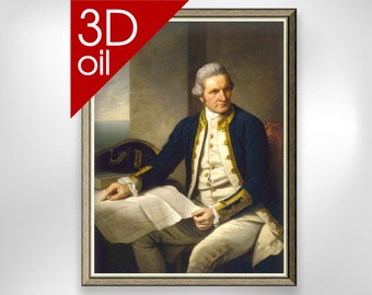 May include: A framed oil painting of a man in a navy blue and gold uniform, sitting at a table with a map spread out in front of him. He is looking directly at the viewer with a serious expression.