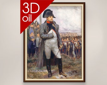 May include: A 3D oil painting of Napoleon Bonaparte in military uniform, standing in front of a large army. The painting is framed in a brown wood frame.