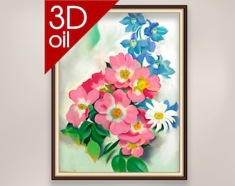 Georgia O'keeffe - Pink roses and larkspur | Museum Quality 3D Oil Canvas Print of Famous Artist Painting