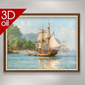 Montague Dawson - Pirates Haunt Cocos Island pacific | Museum Quality 3D Oil Canvas Print of Famous Artist Painting