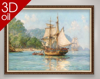 Montague Dawson - Pirates Haunt Cocos Island pacific | Museum Quality 3D Oil Canvas Print of Famous Artist Painting