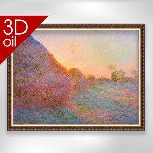 May include: A framed 3D oil painting of a landscape with haystacks at sunset. The artwork uses a warm palette of pinks, oranges, and blues. The text "3D oil" is in the upper left corner.