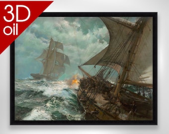 Montague Dawson - Suspect de nuit, bataille navale | Impression 3D sur toile, qualité musée, représentant un artiste célèbre