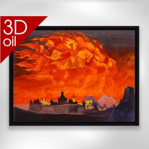 May include: A painting depicting a fiery red sky with a city skyline in the foreground. The sky is filled with swirling orange and yellow flames, and a dark figure appears to be flying through the air. The city is silhouetted against the fiery sky, with buildings and towers visible.