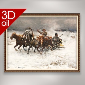 Puede incluir: Una pintura de un carruaje tirado por caballos que corre a través de un paisaje nevado. Tres caballos tiran del carruaje, conducido por un hombre con un abrigo marrón. Un segundo hombre se sienta en el carruaje, sosteniendo un rifle. La pintura está hecha en un estilo realista, con un enfoque en los detalles de los caballos y la nieve.