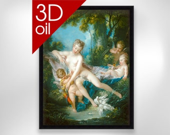 May include: A 3D oil painting depicting a nude woman reclining in a lush forest setting. Two cherubs, one holding a bow and arrow, are nearby. The woman is surrounded by greenery and flowers, and the scene is bathed in soft light.