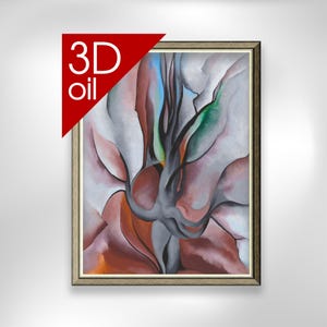 May include: A framed oil painting featuring abstract, flowing organic shapes in shades of grey, brown, and muted green. A red triangular banner in the top left corner contains the white text 3D oil. The artwork is enclosed in a thin, metallic frame.