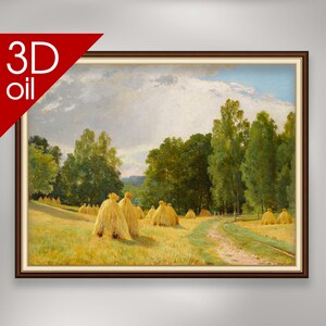 May include: A framed oil painting of a rural scene with haystacks in a field. The artwork shows a dirt track, trees, and a cloudy sky. The text "3D oil" is in the upper left corner.