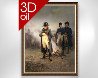 May include: A painting of Napoleon Bonaparte standing in front of a campfire with two other men. The painting is in a gold frame and is done in a realistic style.