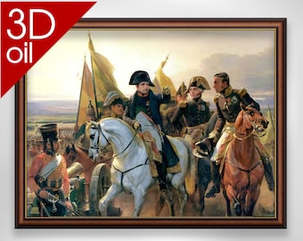 May include: A 3D oil painting depicting a group of military figures on horseback. The figures are dressed in military uniforms and are riding white and brown horses. The painting is set against a backdrop of a battlefield.