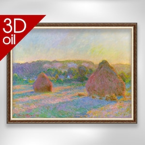 May include: A framed 3D oil painting depicting a landscape with two haystacks in a field, under a colorful sky. The artwork is in a brown wooden frame. The text "3D oil" is in the upper left corner.