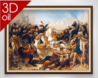 May include: A painting depicting a historical battle scene with a group of soldiers on horseback, led by a figure in a green uniform and a white hat. The scene is set against a backdrop of pyramids and a desert landscape.