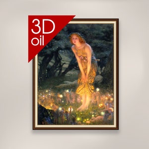 Könnte beinhalten: Ein 3D-Ölgemälde, das eine Frau in einem gelben Kleid zeigt, die in einem Wald steht und von einer Gruppe Feen umgeben ist. Die Frau trägt eine Blumenkrone und hält eine Blume in der Hand. Die Feen halten Laternen und leuchten.