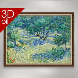 Könnte beinhalten: Ein 3D-Ölgemälde einer Landschaft mit Olivenbäumen. Die Bäume sind in Grün- und Blautönen gemalt, und der Boden ist hellgelb mit blauen Pinselstrichen. Das Gemälde ist in einem braunen Rahmen gerahmt.