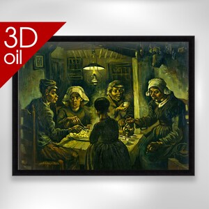 May include: A painting depicting a group of people sitting around a table in a dimly lit room. The people are dressed in simple clothing and appear to be eating a meal. The painting is done in a style reminiscent of Vincent van Gogh, with bold brushstrokes and a focus on light and shadow.