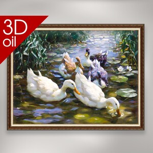 May include: A painting depicting a group of ducks swimming in a pond. The ducks are white, brown, and black. The pond is surrounded by green lily pads and reeds. The water is a light blue colour.